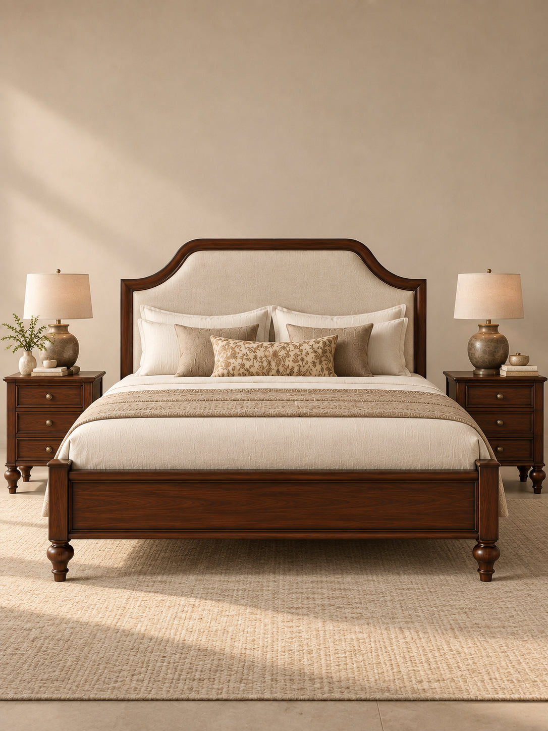 Darjeeling Colonial Bed with upholstered ivory linen headboard from the foot, flanked by a pair of Walnut three-drawer bedside tables. Art Avenue, made to order.