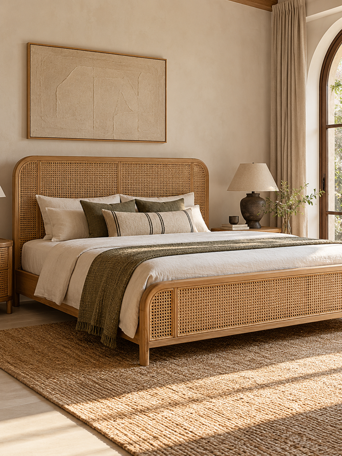 Majuli Rattan Bed in a sunlit bedroom — hand-woven rattan cane headboard and footboard in rounded solid wood frames, dressed in ivory linen with an olive throw. Art Avenue, made to order.