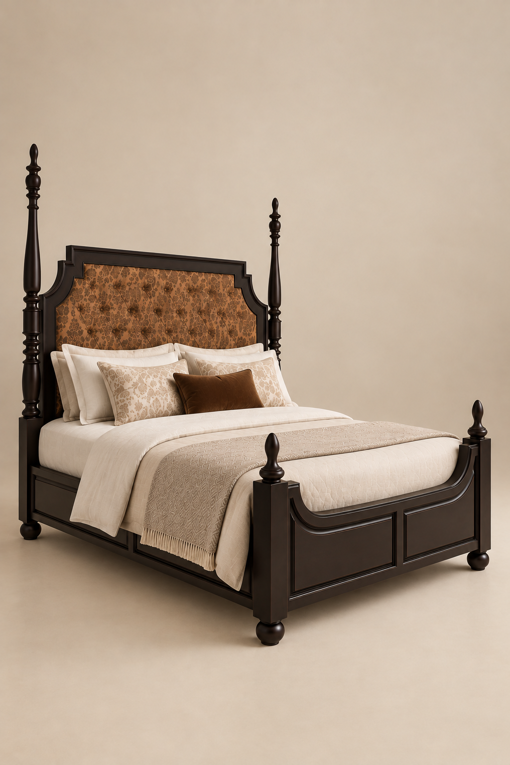 Lansdowne Tufted Four-Poster Bed in Blackwood with a copper printed floral buttoned headboard, turned posts and panelled footboard, Art Avenue, made to order — three-quarter view