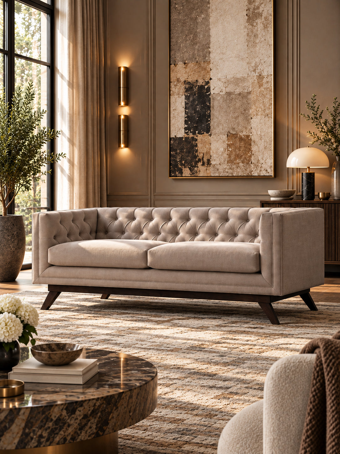 Kingston buttoned fabric sofa by Art Avenue — arms and back finishing level in the tuxedo line, linen-cotton upholstery over a kiln-dried hardwood frame, handcrafted to order — image two of five