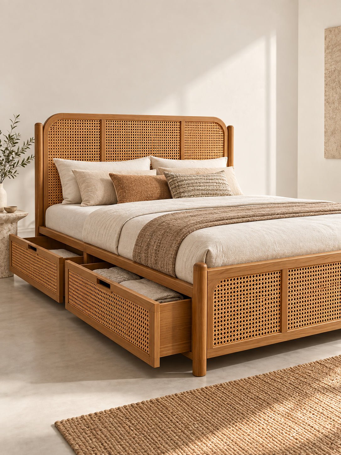 Ziro Rattan Bed with storage, three-quarter view with cane-fronted under-bed drawers pulled out on full-extension runners, holding folded linen. Art Avenue, made to order.