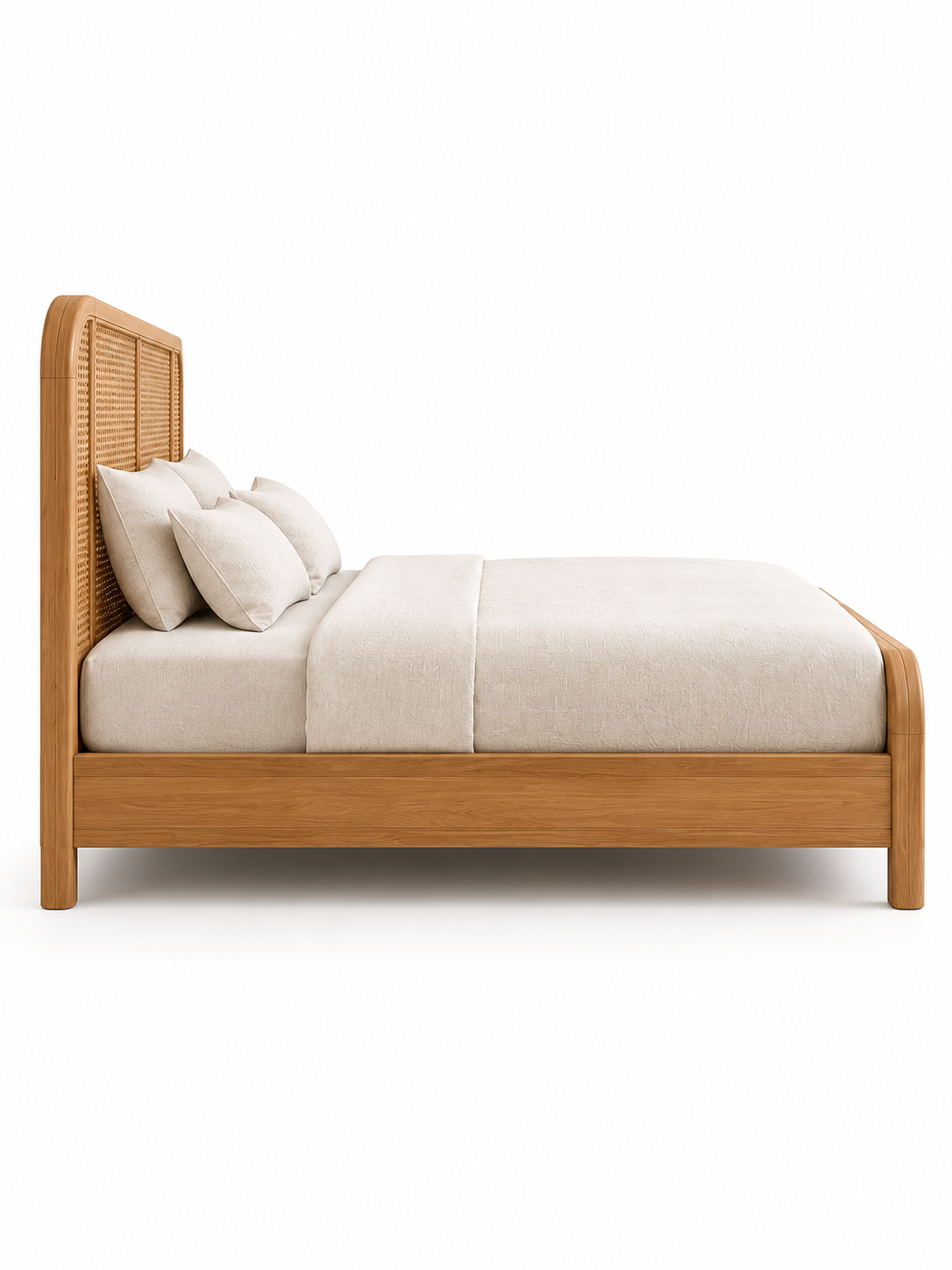 Majuli Rattan Bed side profile — tall cane headboard, low curved footboard and solid wood side rail on rounded legs. Art Avenue, made to order.