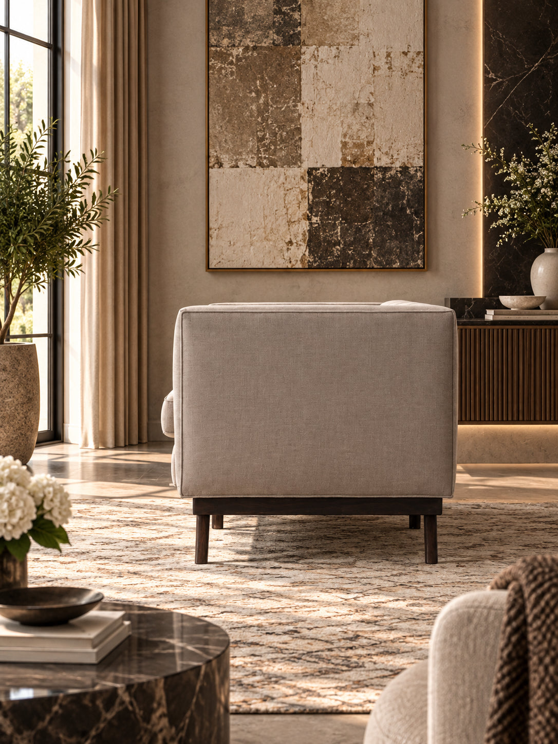 Kingston buttoned fabric sofa by Art Avenue — hand-drawn diamond buttoning with plain piped outside arms and back, solid wood plinth, handcrafted to order — image three of five