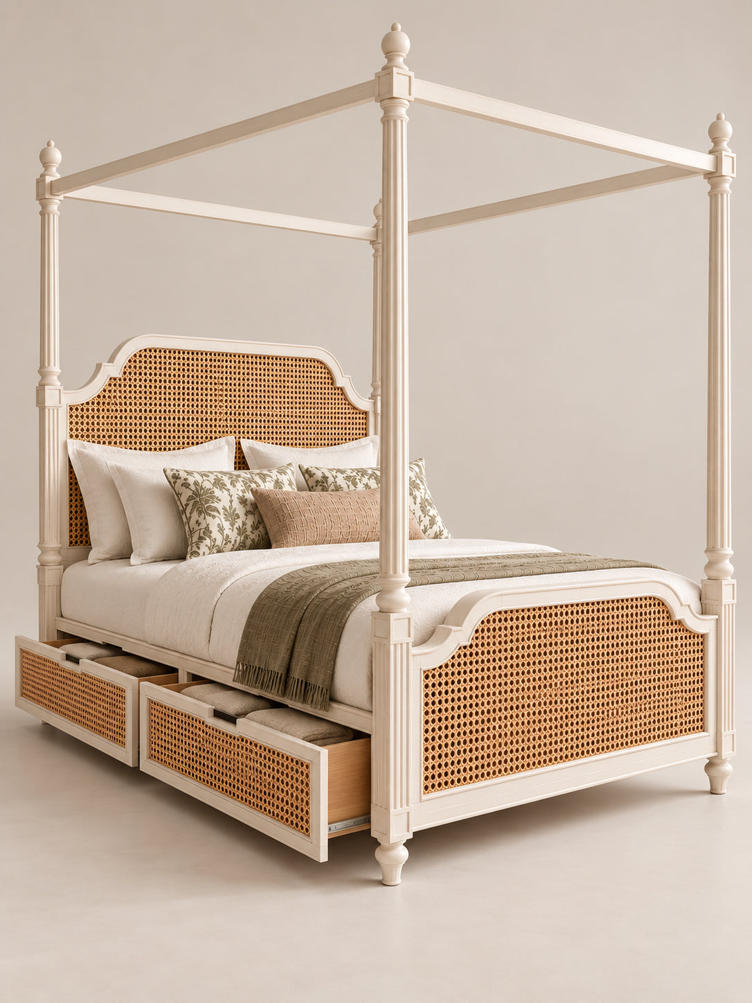 Coonoor Cane Four-Poster Bed with both under-bed storage drawers pulled open on their runners to show the plywood drawer boxes — Art Avenue, made to order