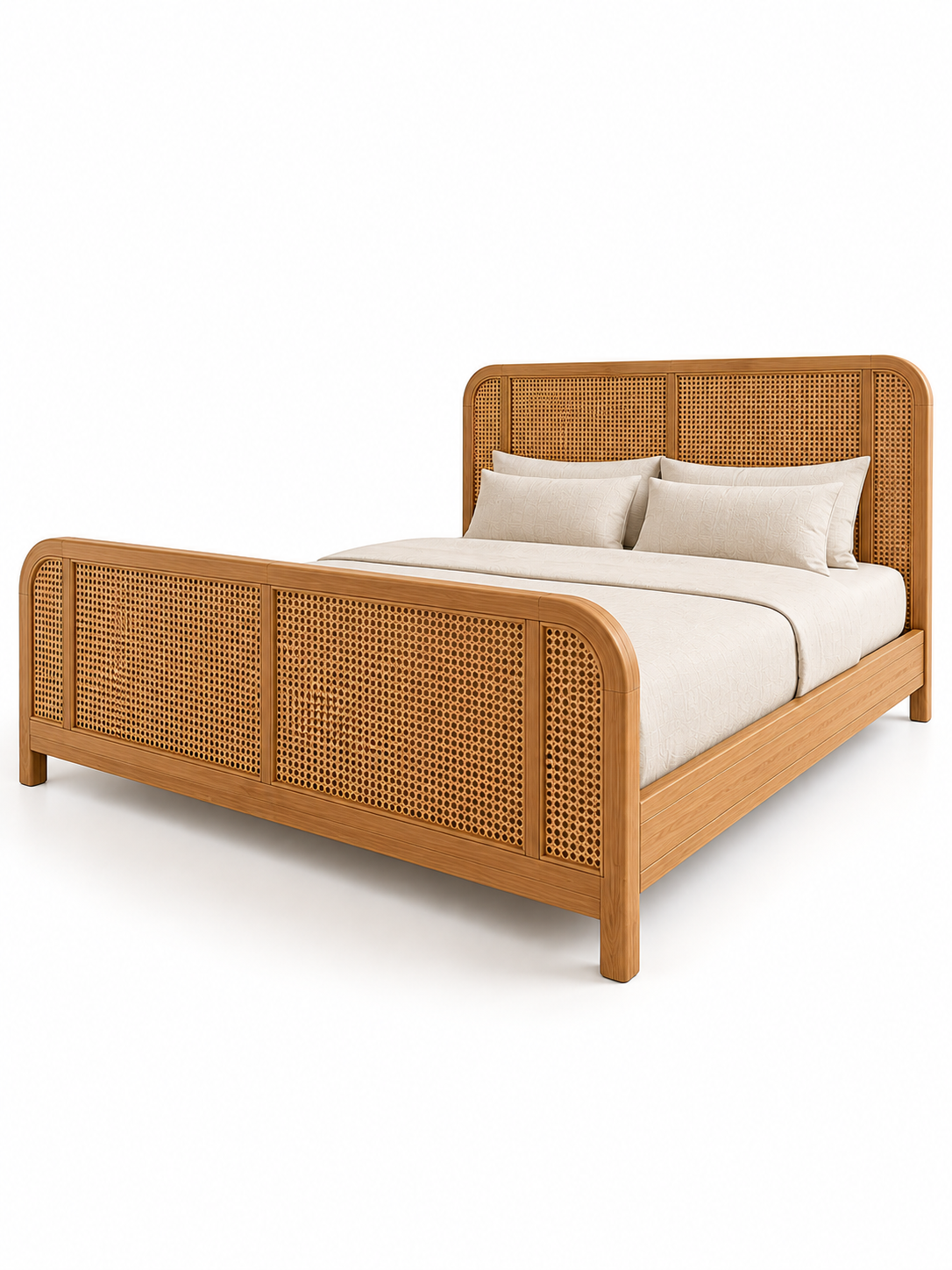Majuli Rattan Bed from the foot end — woven rattan cane footboard with radiused corners and reeded solid wood side rails. Art Avenue, made to order.