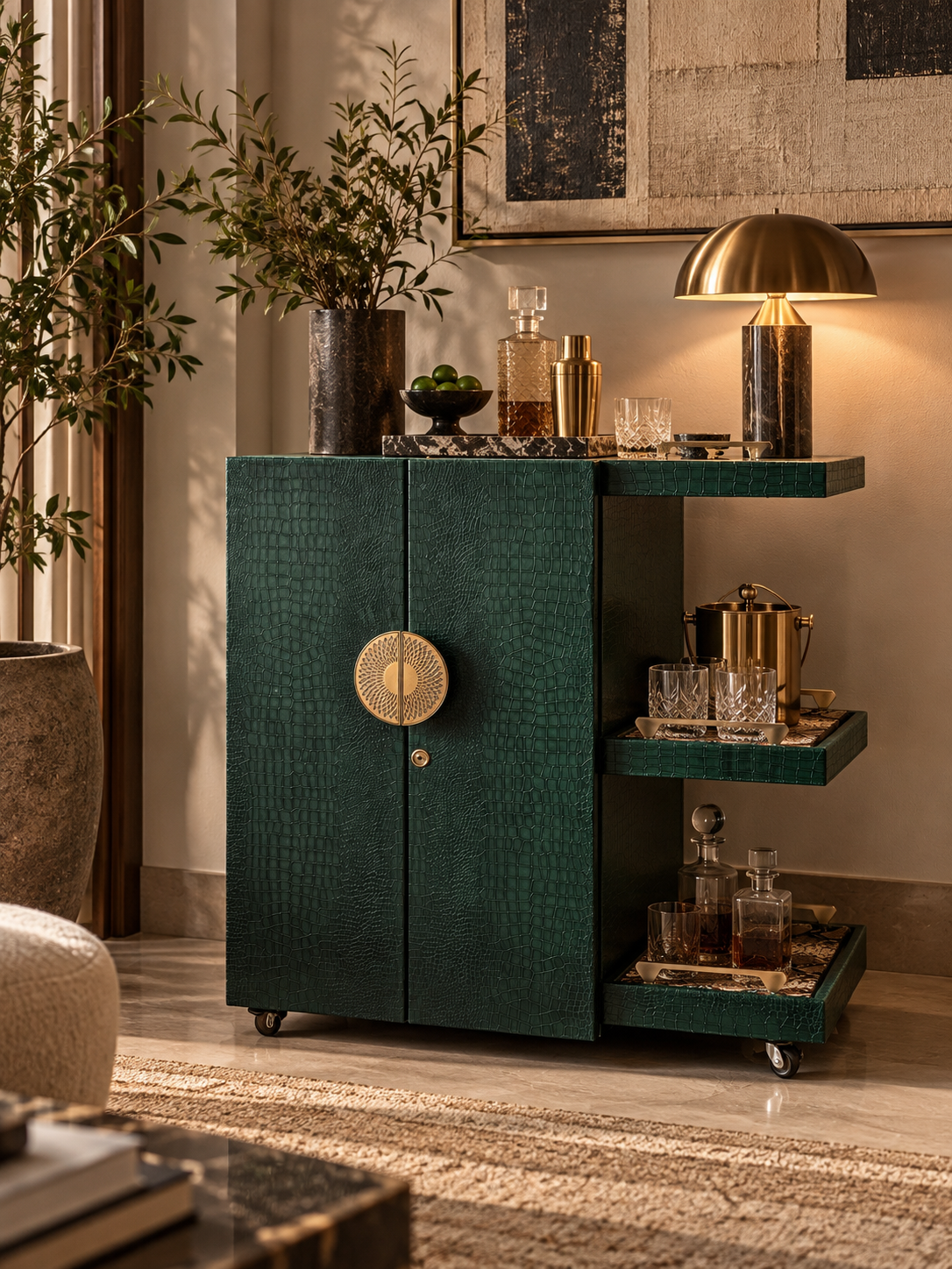 Panjim Leather Rolling Bar Cabinet in Bottle Green croc-embossed leather beside a brass lamp, crystal decanters and ice bucket on its python-print leather serving trays — Art Avenue, made to order