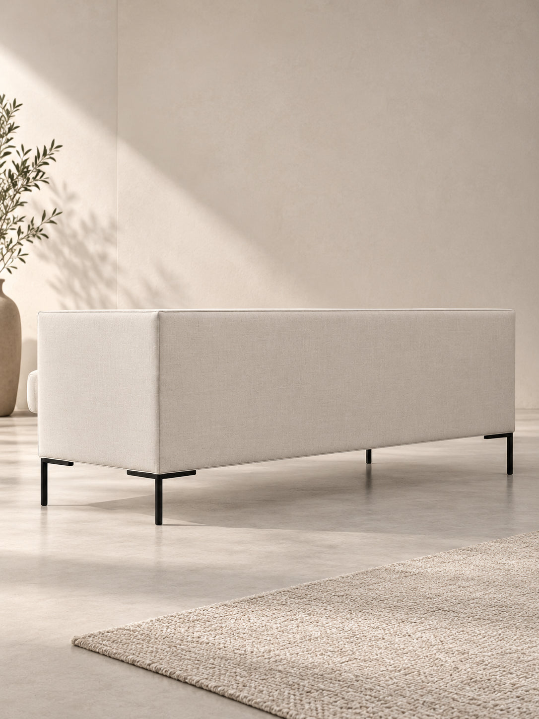 Mayfair Fabric Tuxedo Sofa on slim metal legs, made to order in linen cotton or velvet. Art Avenue.