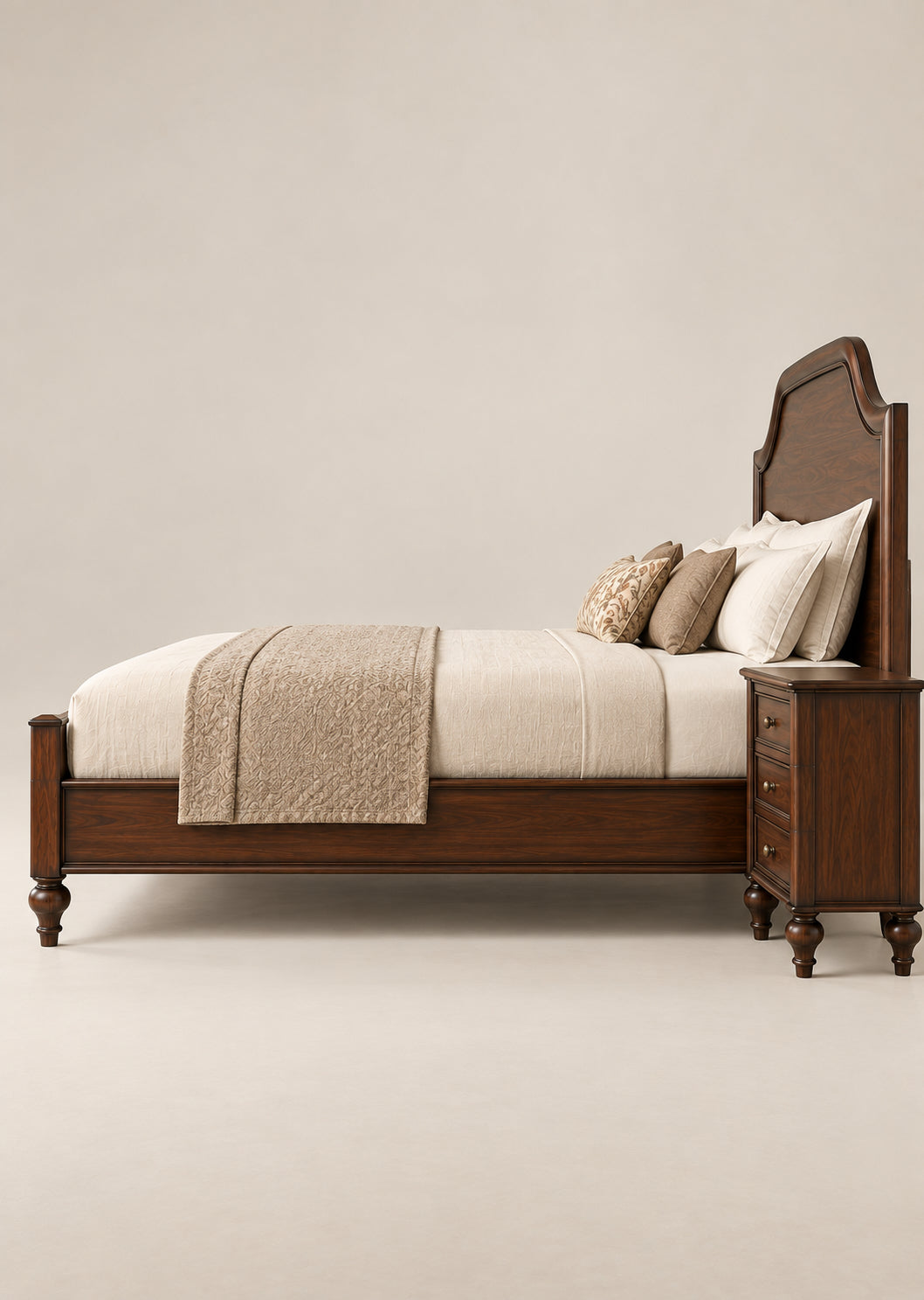 Darjeeling Colonial Bed with wood panel headboard in side profile beside its three-drawer bedside table — moulded side rail and turned feet in Walnut. Art Avenue, made to order.