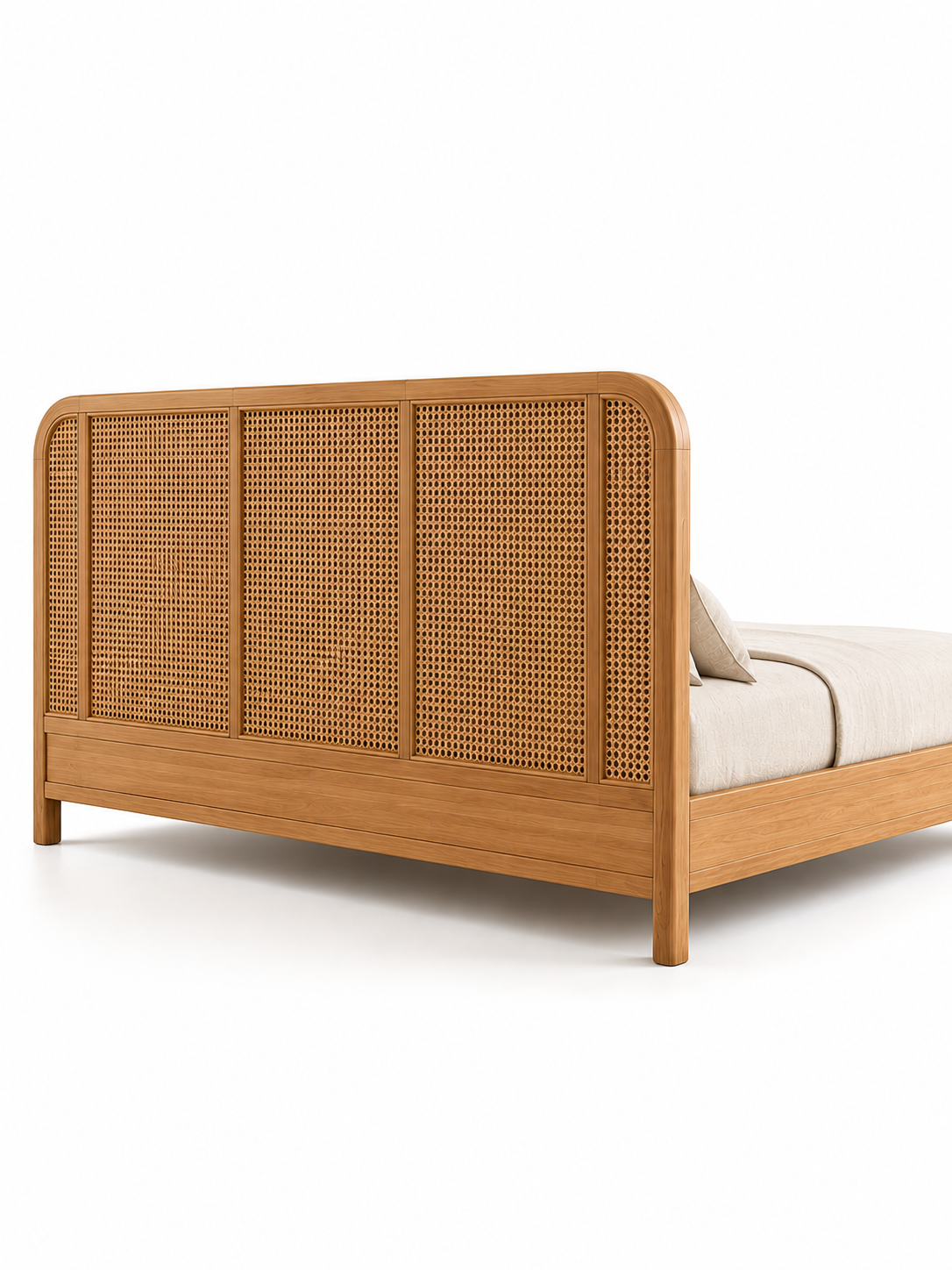 Back of the Majuli Rattan Bed headboard — finished in rattan cane and solid wood on both faces so the bed can stand away from the wall. Art Avenue, made to order.