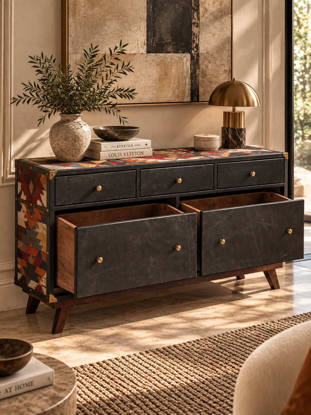 Deep lower drawers opened on the Sardargarh sideboard showing solid timber drawer boxes, Art Avenue made-to-order storage