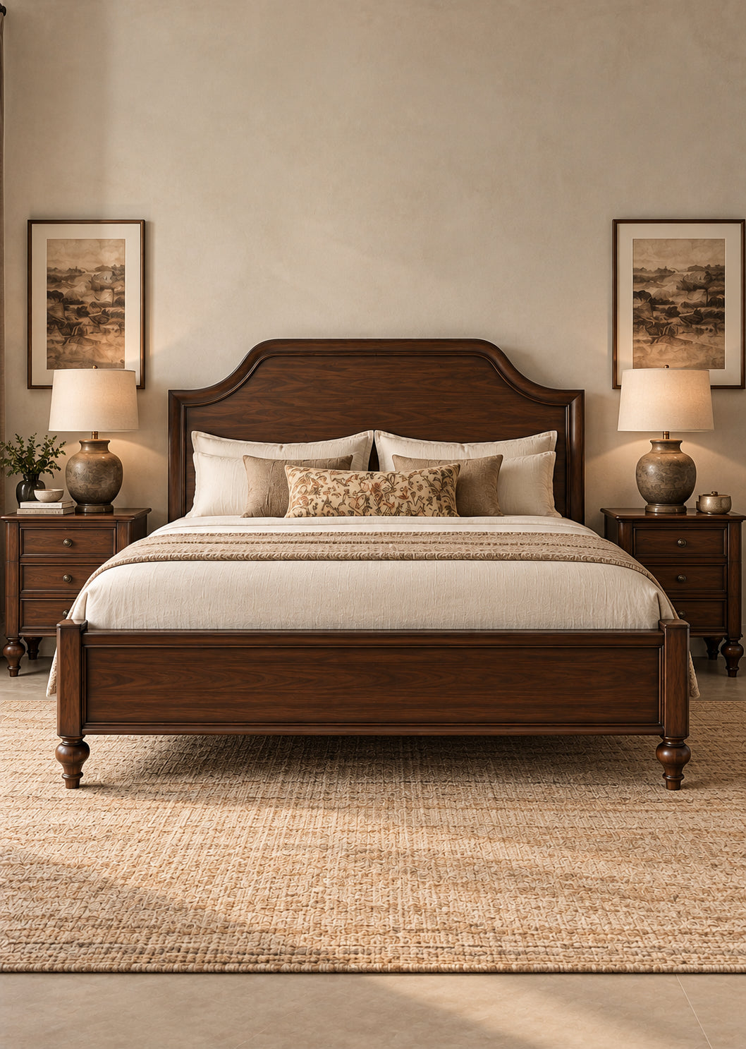 Darjeeling Colonial Bed with wood panel headboard from the foot, flanked by a pair of matching three-drawer bedside tables with antique brass knobs. Art Avenue, made to order.