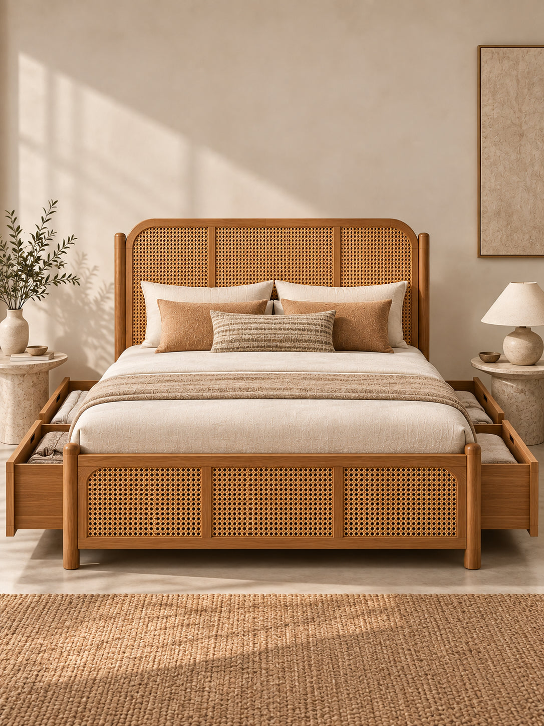 Ziro Rattan Bed with storage, seen from the foot with drawers open on both sides — hand-woven rattan cane headboard and footboard between turned solid wood posts. Art Avenue, made to order.