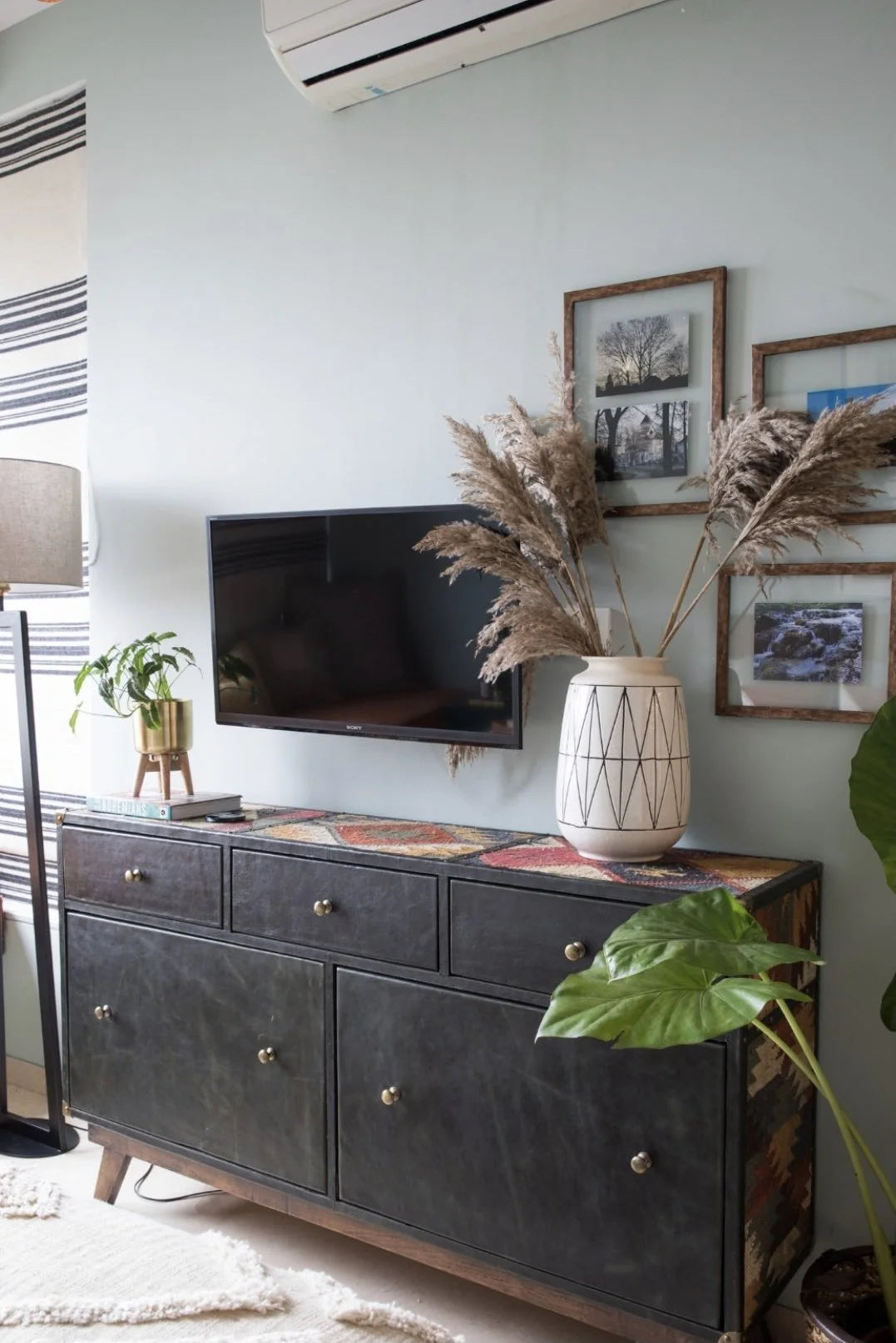 Sardargarh kilim and leather sideboard in Onyx leather, Art Avenue made-to-order storage