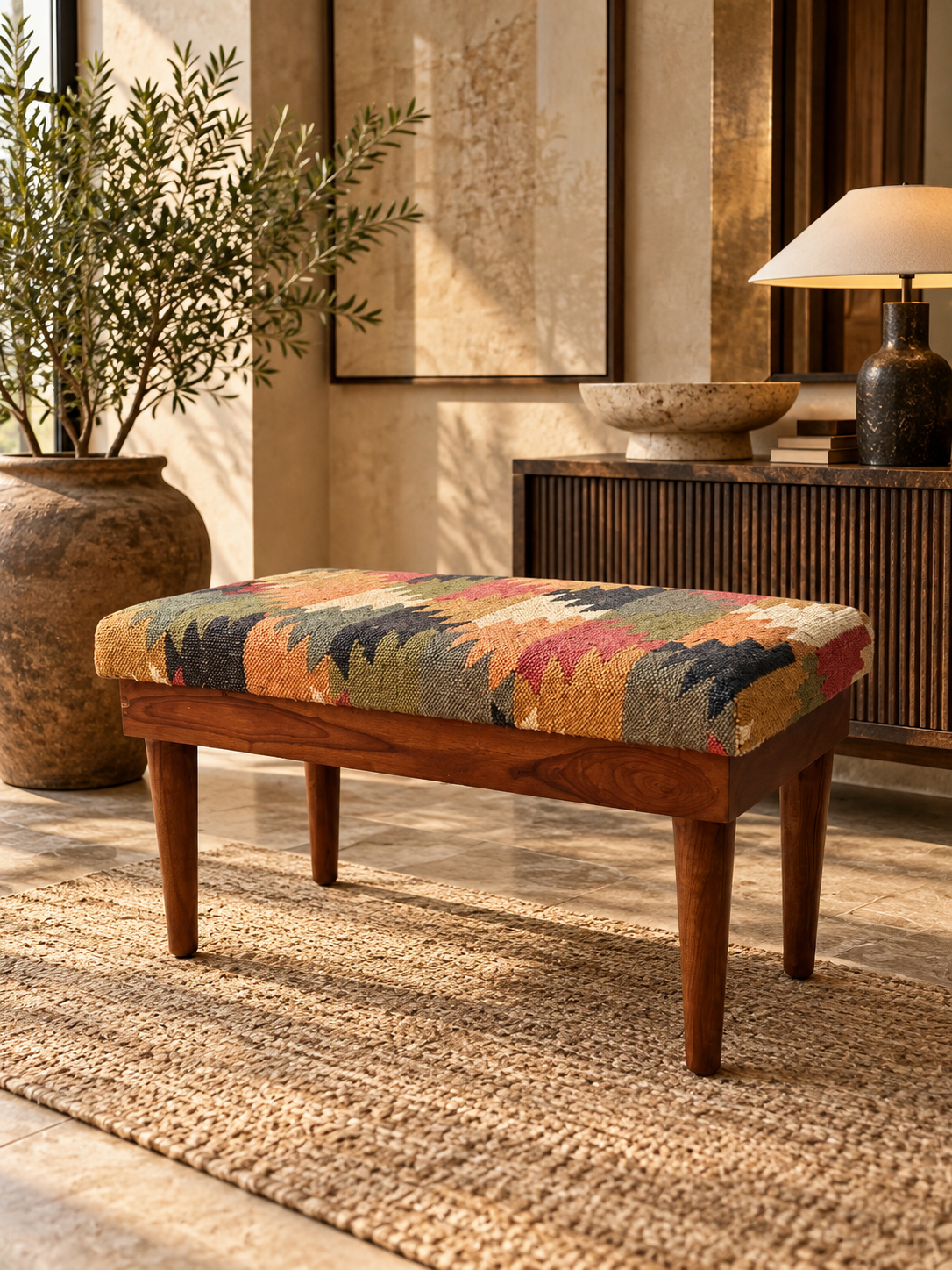 Almora Kilim Bench on a jute rug, low angle showing the solid wood apron rail and four tapered legs — Art Avenue, made to order
