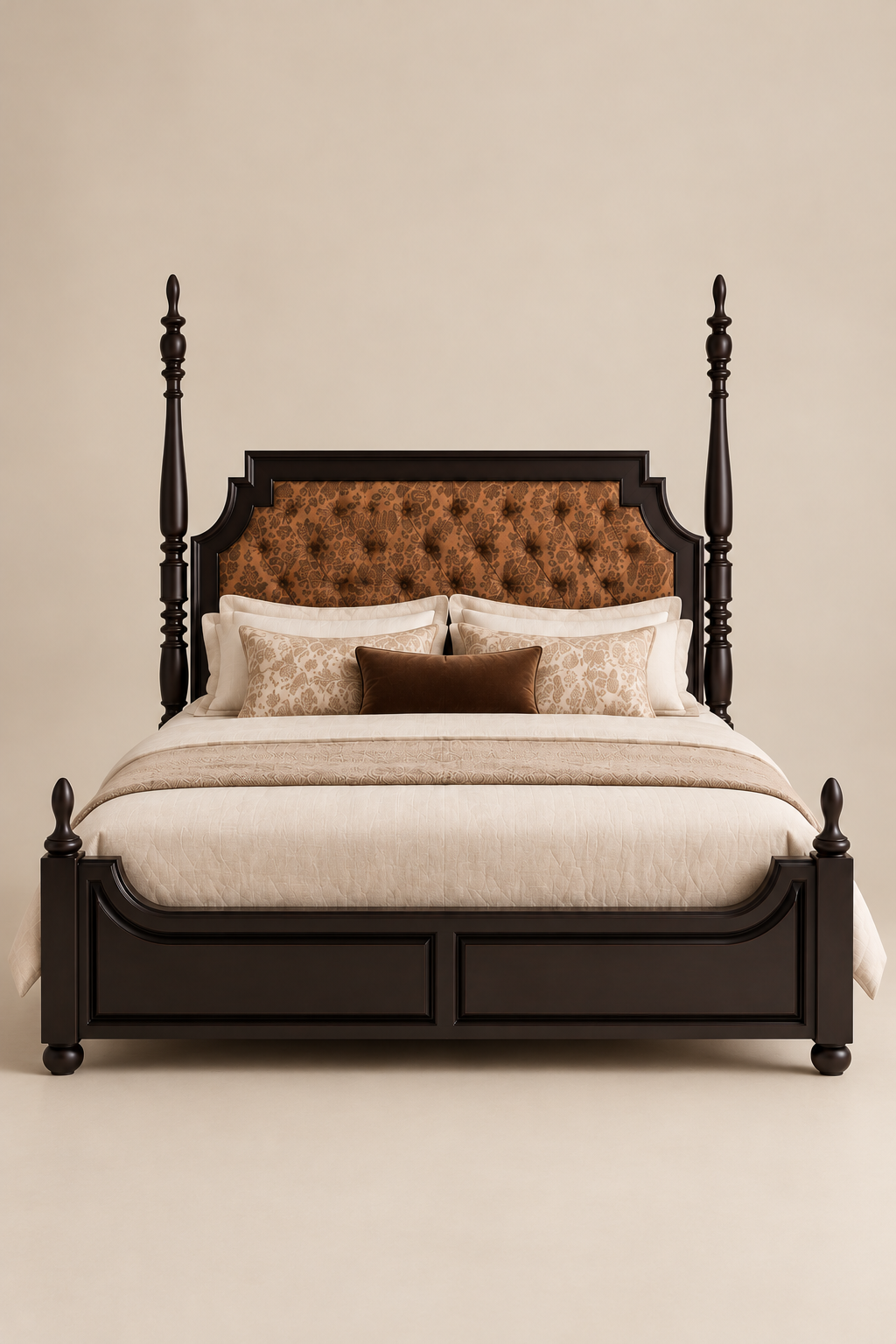 Lansdowne Tufted Four-Poster Bed by Art Avenue, front view showing the stepped moulded headboard frame, diamond buttoning and urn finials on the footboard posts, made to order