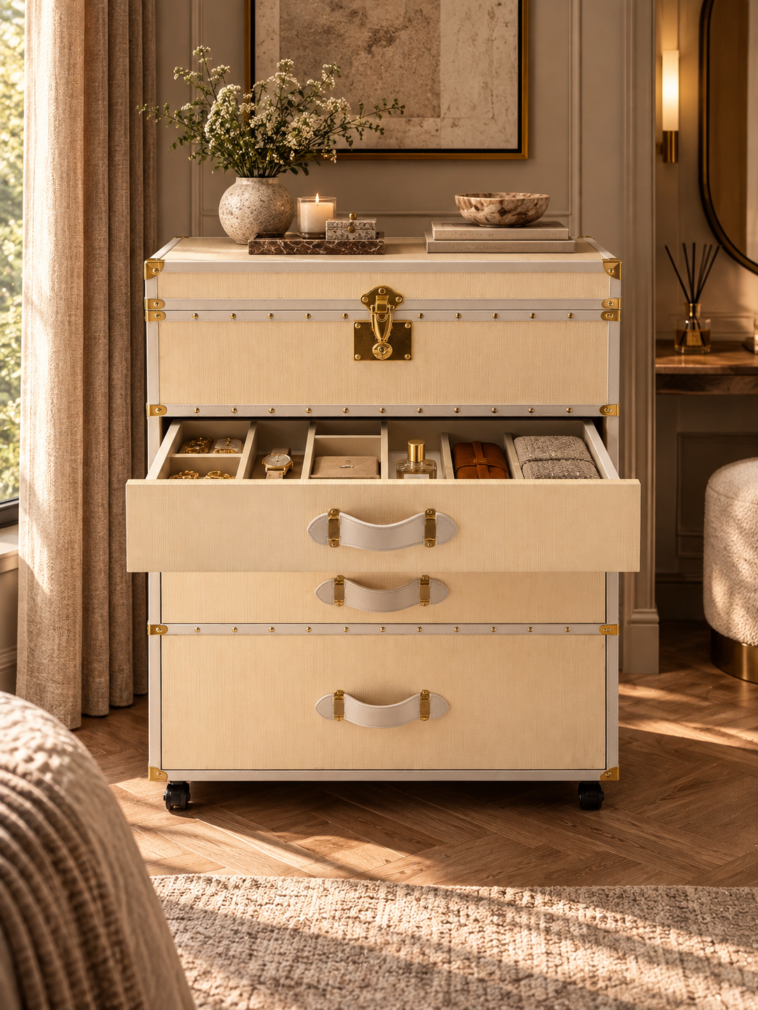 Top drawer open, fitted with compartments for watches, rings and small leather goods