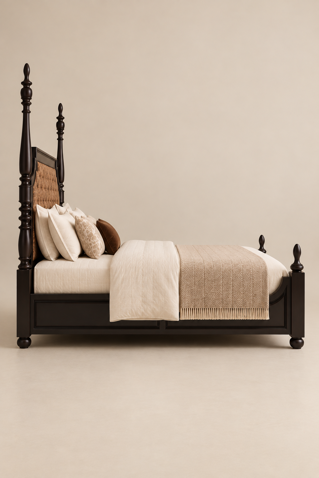 Lansdowne Tufted Four-Poster Bed by Art Avenue, side profile showing the tall turned head posts, panelled side rail and turned bun feet in Blackwood, made to order