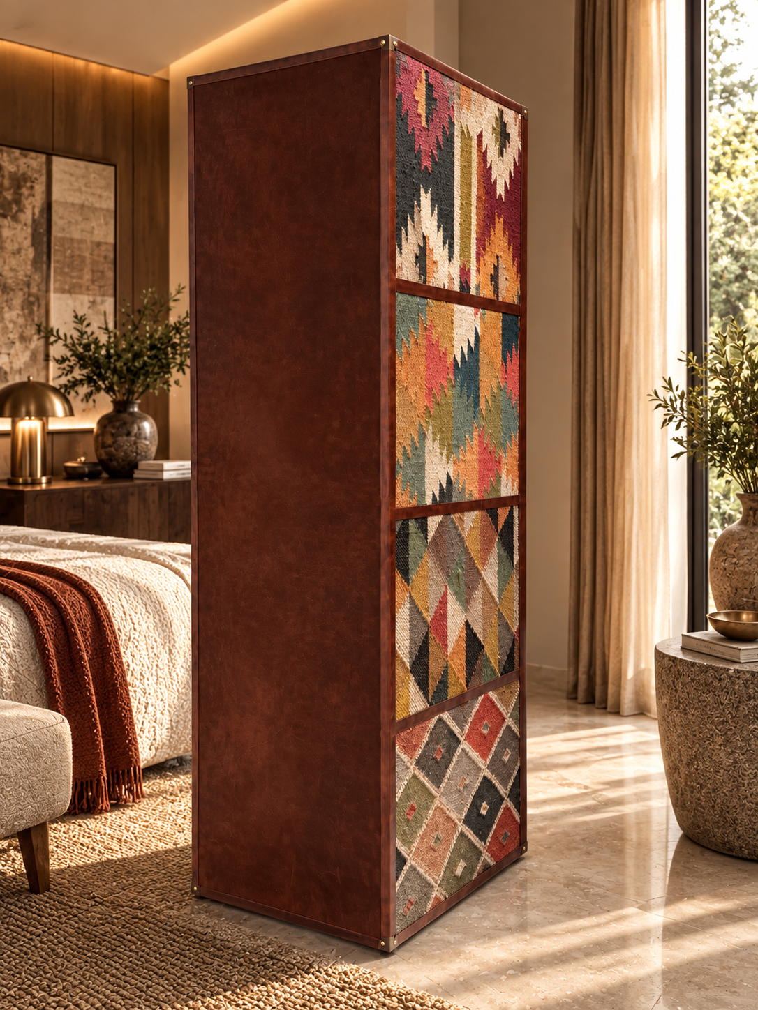 Chanderi Kilim & Leather Wardrobe by Art Avenue — leather-clad back beside the kilim side panels, finished to stand free of the wall. Handmade to order.