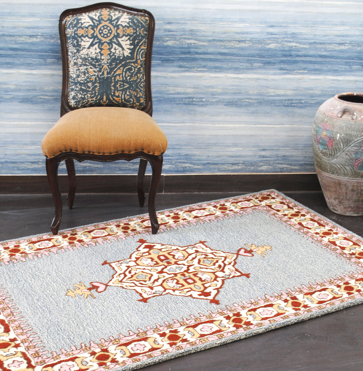 Lucknow hand-tufted wool rug in denim blue, ivory, burgundy and rose pink, Art Avenue