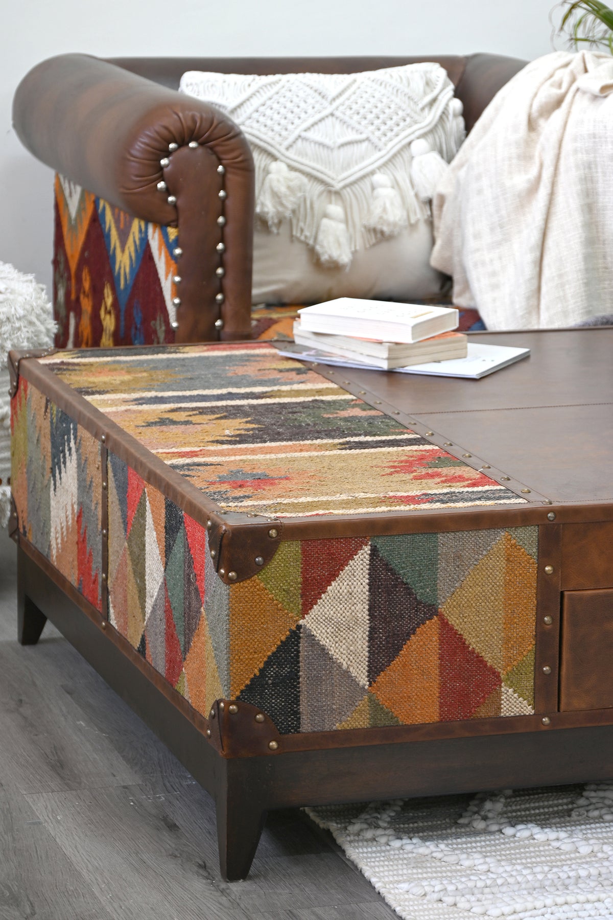 Chandigarh kilim coffee table by Art Avenue, handwoven kilim and wood — image 3 of 22