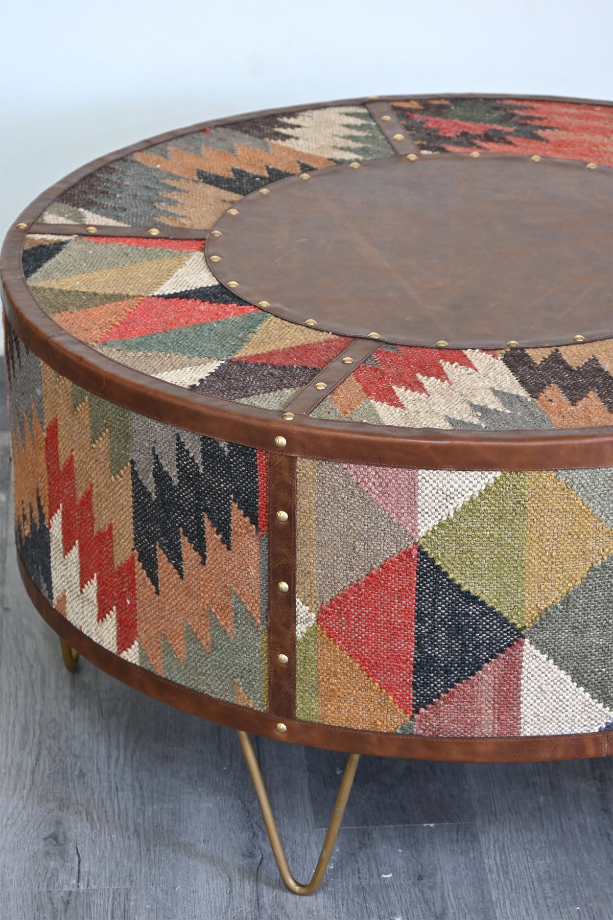 Goround round coffee table in kilim and leather by Art Avenue — image 9 of 11