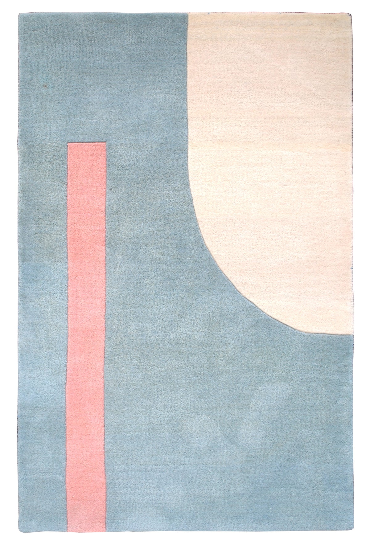 Pondicherry hand-tufted rug in 100% New Zealand wool, full overhead view: an ivory arch in one corner and an upright coral bar on a sea-glass blue field, Art Avenue, 4×6 ft