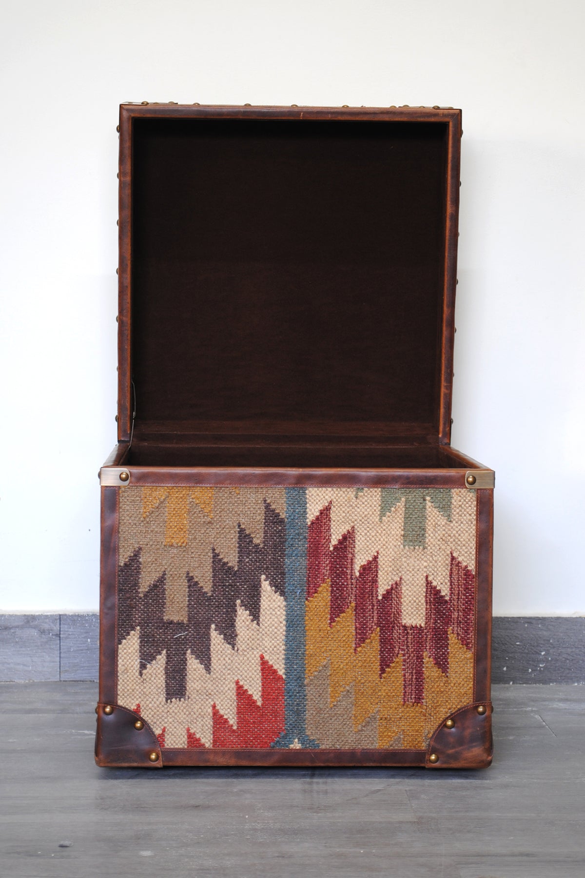 Amer kilim-top trunk by Art Avenue, handwoven kilim and leather — image 8 of 12