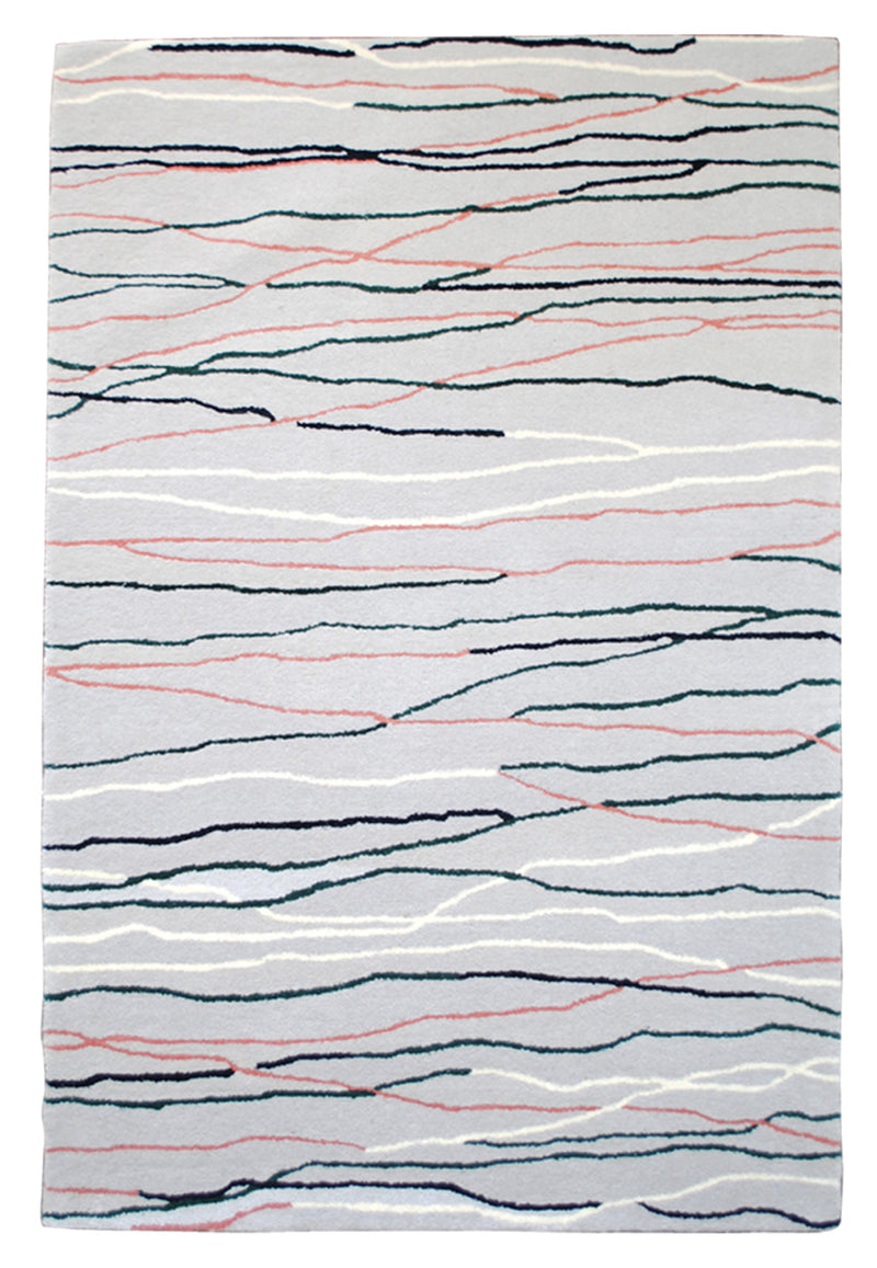 Chilika hand-tufted rug in 100% New Zealand wool, full view: freehand lines of dusty rose, bottle green, navy and ivory across a dove-grey field, Art Avenue, 4×6 ft