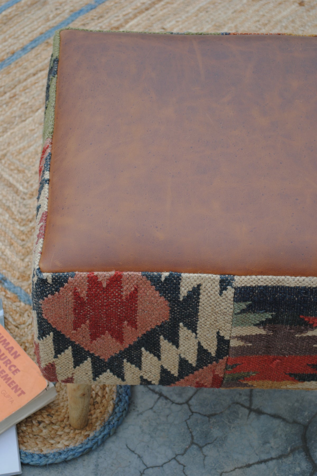 Raipur ottoman in handwoven kilim and leather by Art Avenue — image 5 of 7