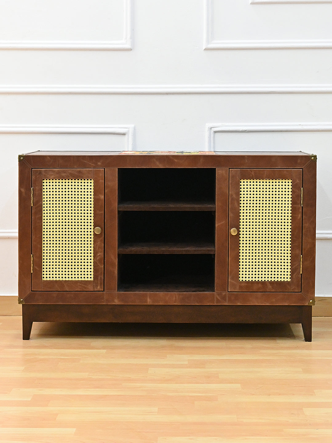 Fatehpur cane and leather sideboard front elevation with doors closed, Art Avenue, made to order