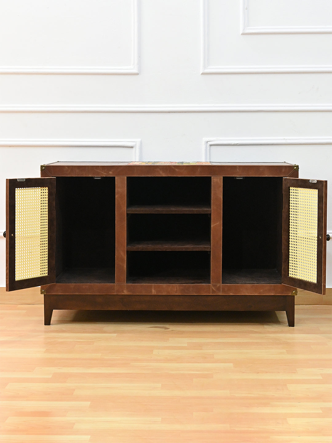 Fatehpur sideboard with doors fully open showing the three-compartment centre bay, Art Avenue, made to order