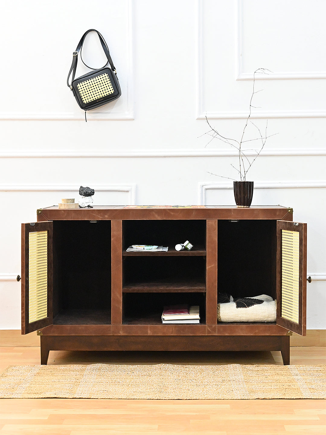 Fatehpur sideboard styled with both cane doors open, Art Avenue, made to order