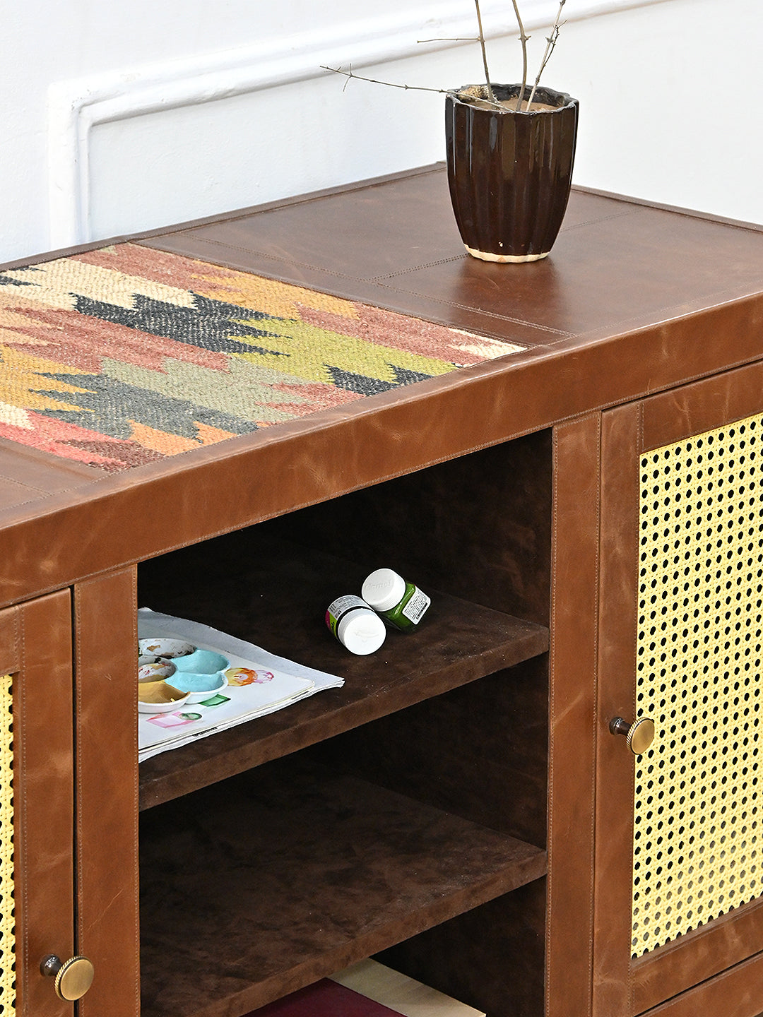 Fatehpur cane and leather sideboard with vintage kilim flanks, Art Avenue, made to order