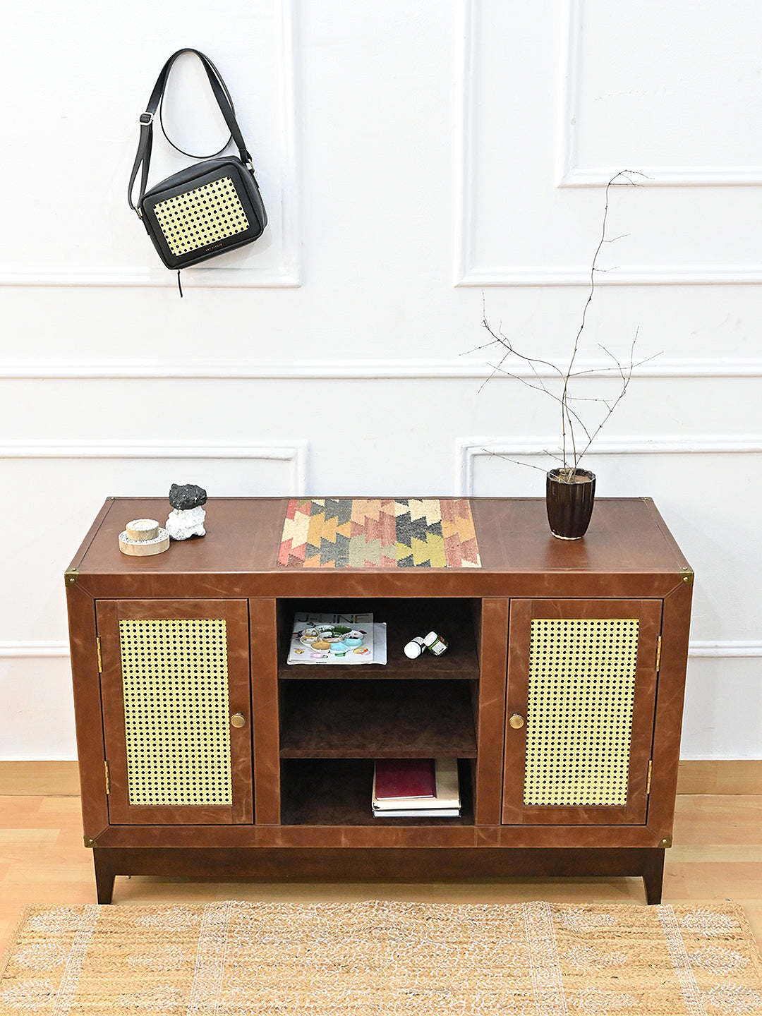 Fatehpur cane and leather sideboard with vintage kilim flanks, Art Avenue, made to order
