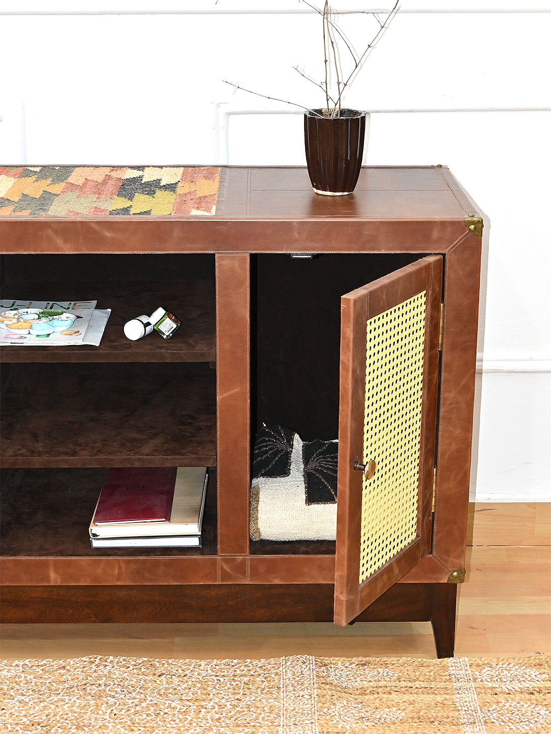 Fatehpur cane and leather sideboard with vintage kilim flanks, Art Avenue, made to order