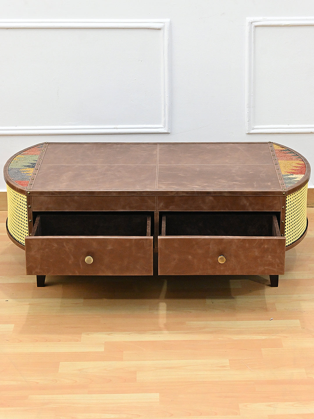 Bisalpur coffee table drawers open, showing suede-lined drawer boxes