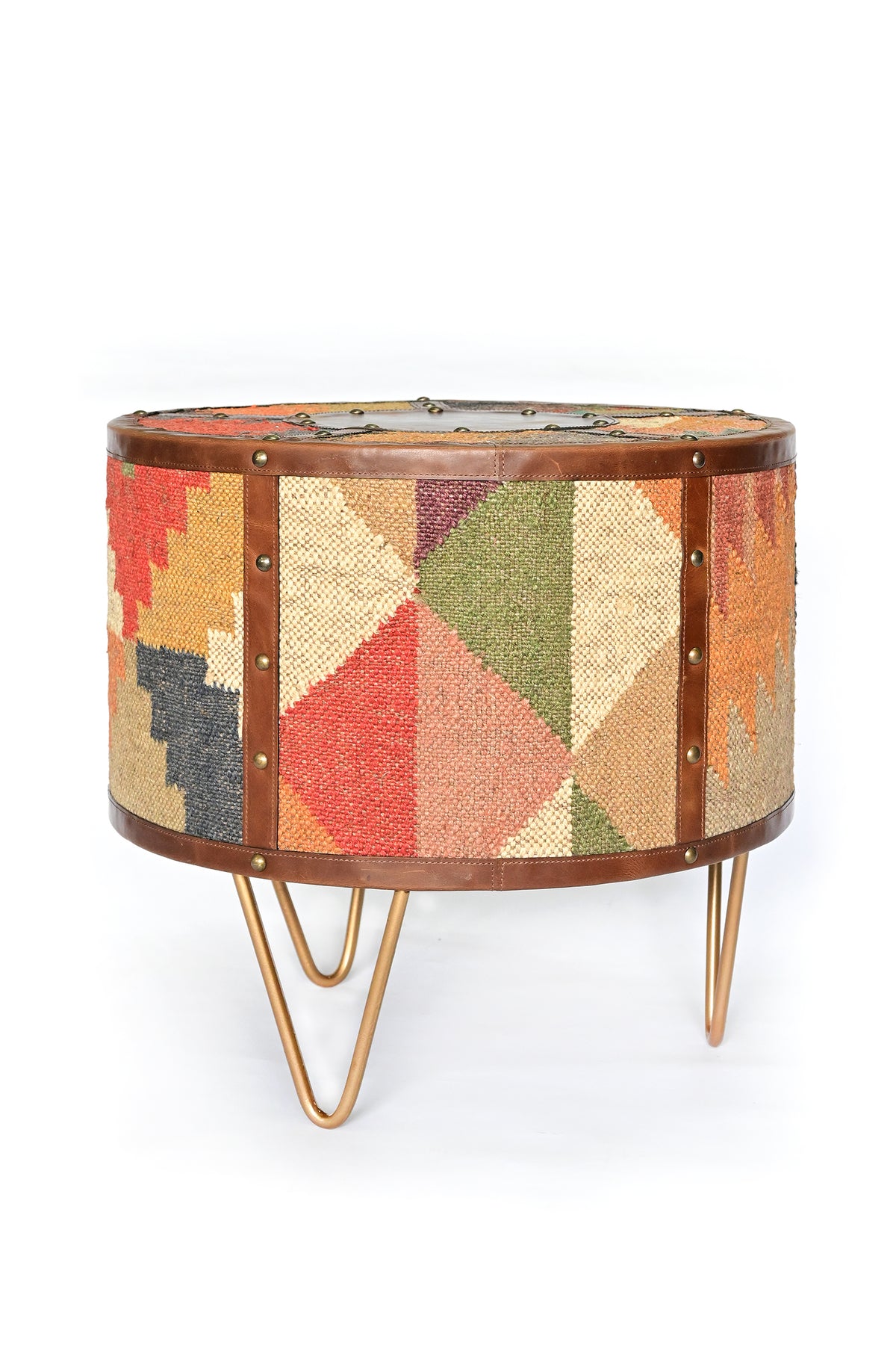 Alwar kilim side table side view showing a different vintage kilim panel and three hairpin legs