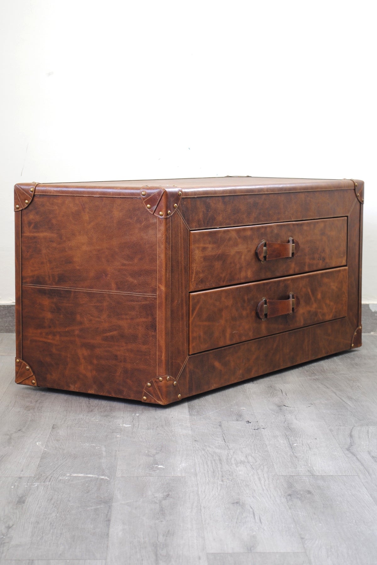 Three-quarter view of the Deogarh leather drawer trunk showing the clad side panel and brass corner caps