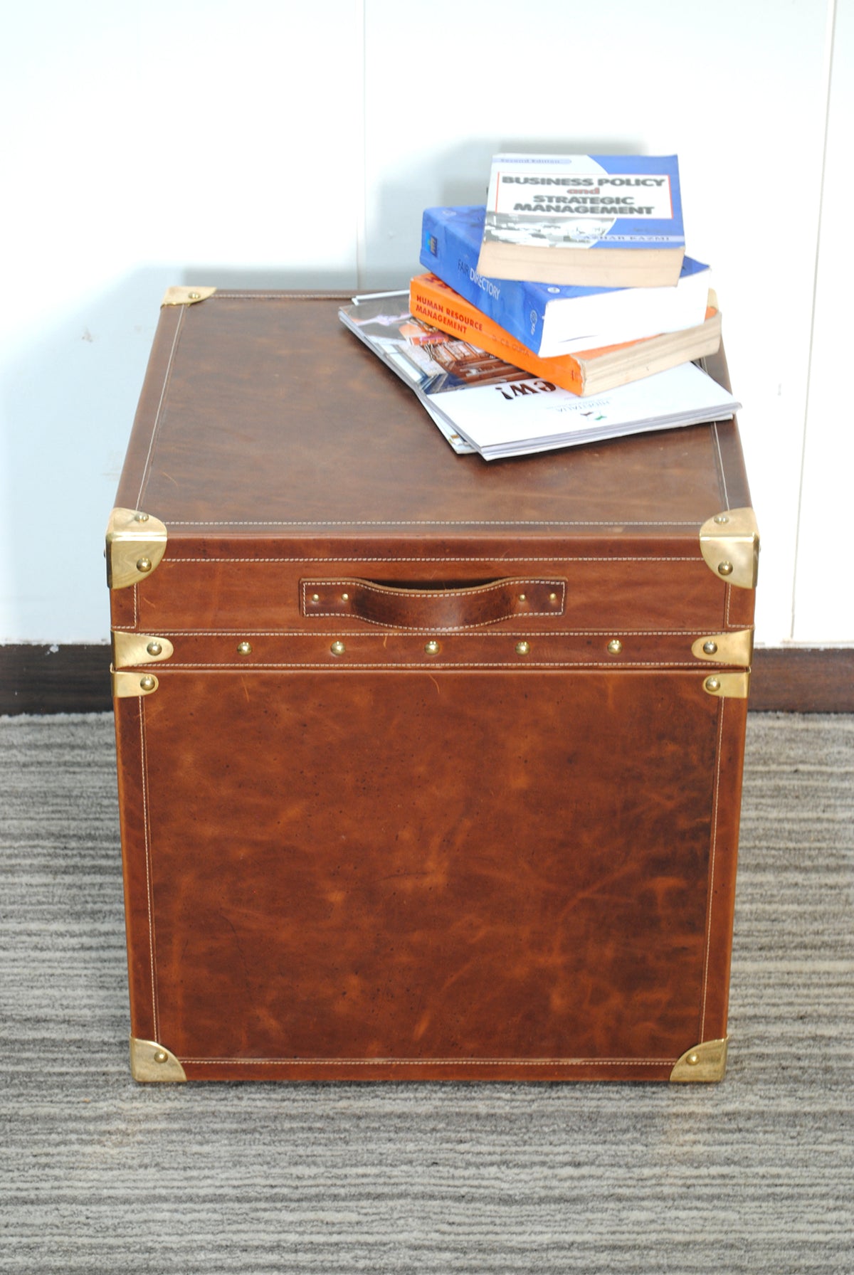 Cordoba Leather Cube Trunk, side view showing the leather lid and topstitched edges