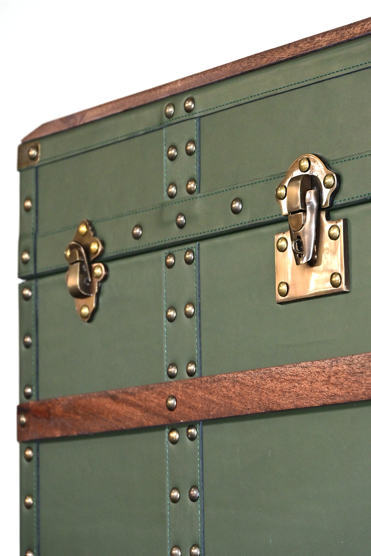 Detail of the central hasp and side catch on green leather — Art Avenue