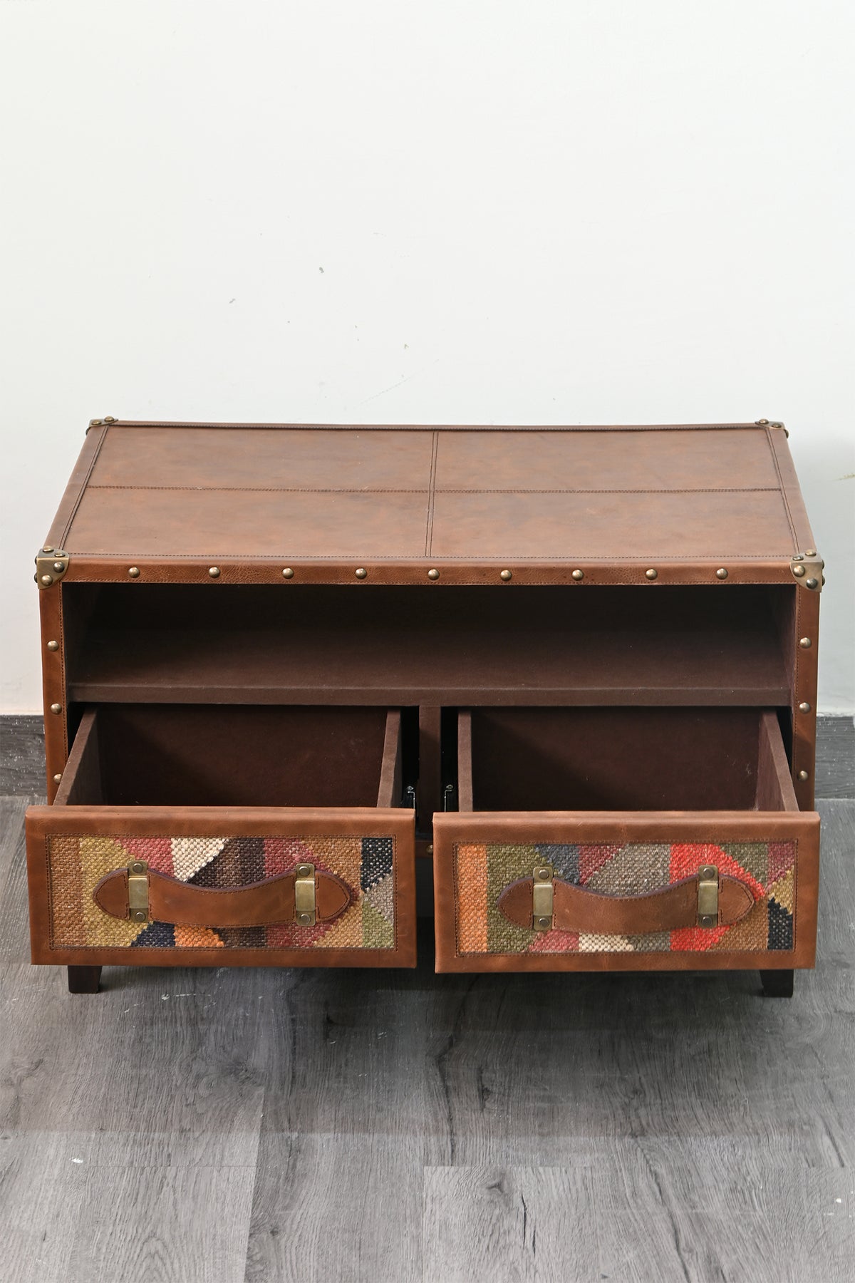 Barmer TV unit with both drawers pulled fully open, showing the lined drawer interiors