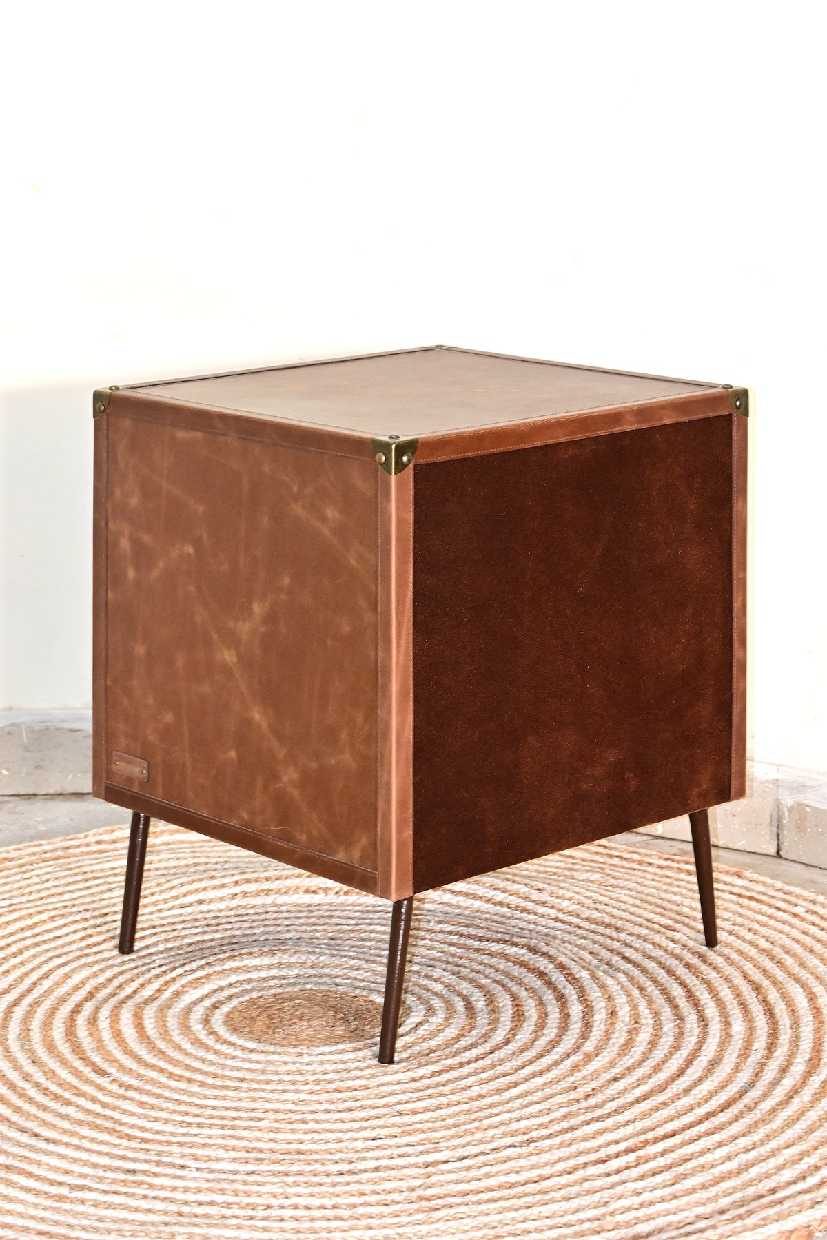 Rear three-quarter view of Kishangarh bedside table showing finished back panel, Art Avenue