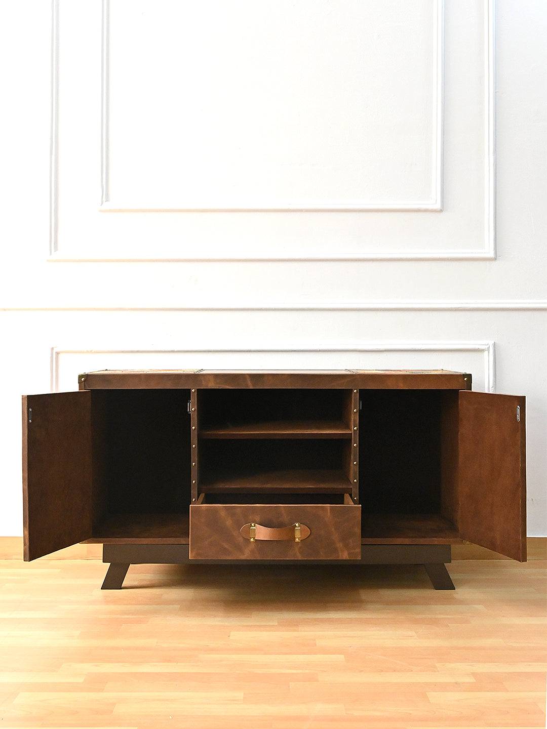Mukundgarh TV unit with both cupboard doors and the drawer open, showing the suede-lined cupboards and two open compartments