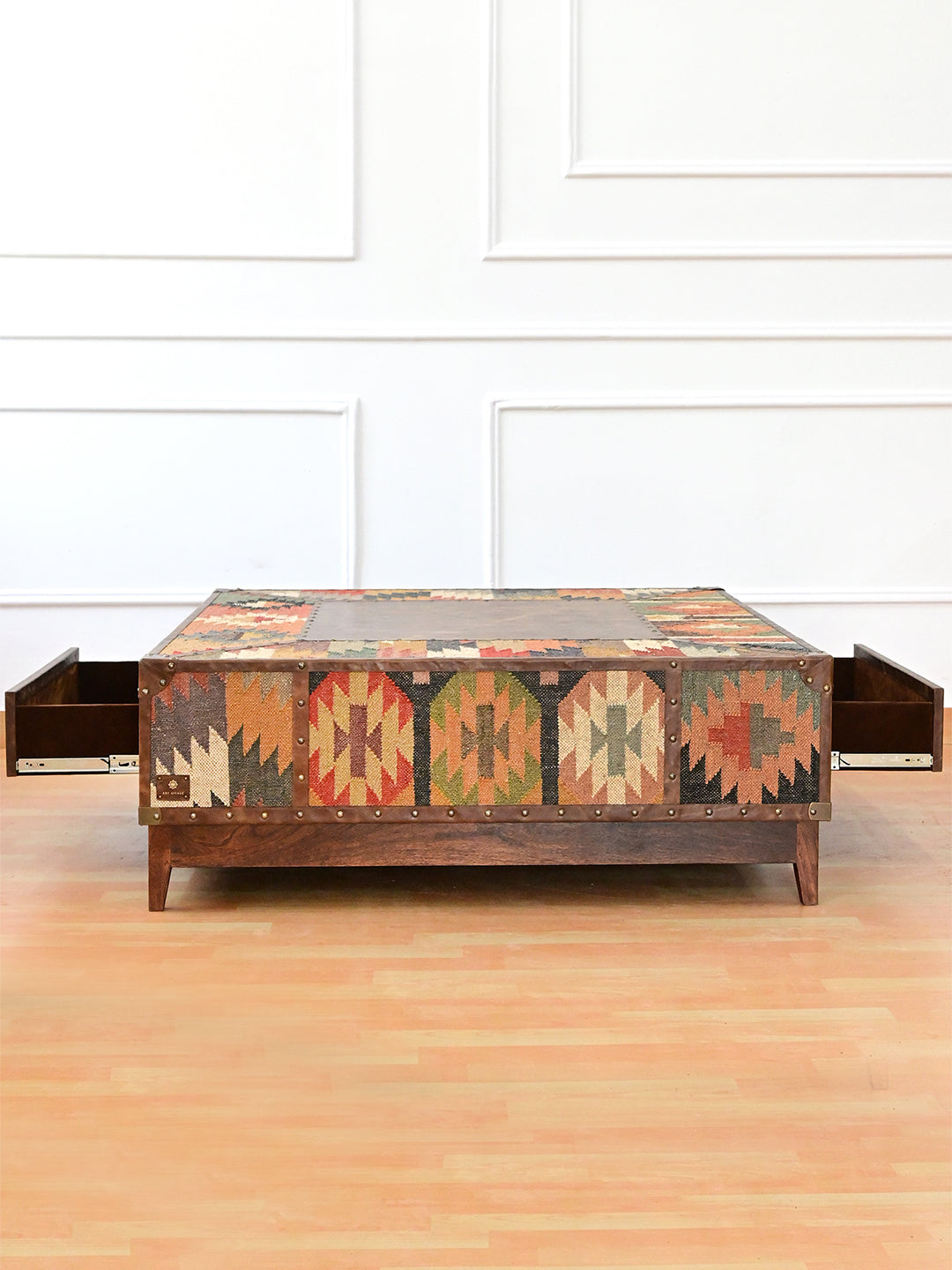 Second kilim face of the Mandawa square trunk coffee table, each vintage kilim panel unique, Art Avenue