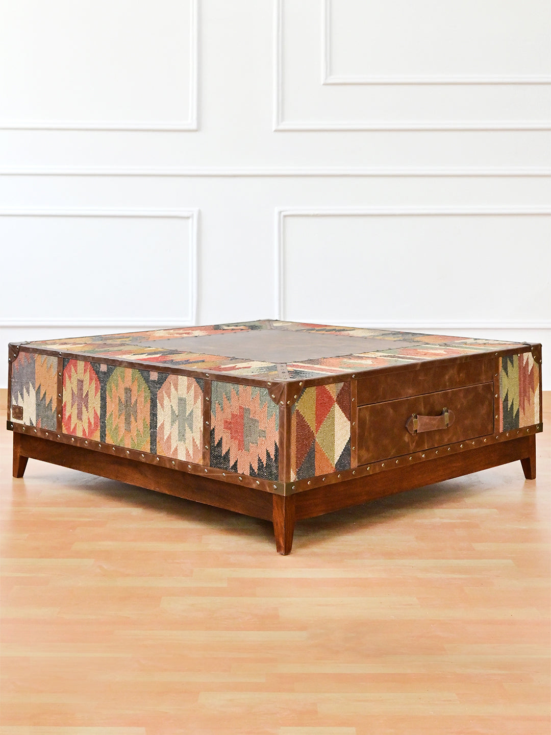 Mandawa kilim coffee table with both opposing drawers open on soft-close runners, Art Avenue