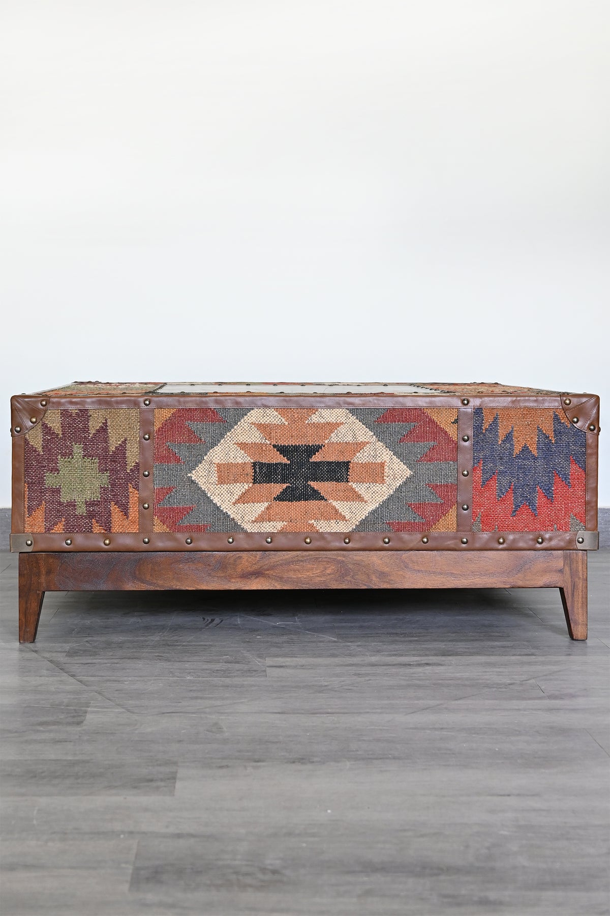 Unbroken kilim panel face of the Mandawa trunk coffee table, front elevation