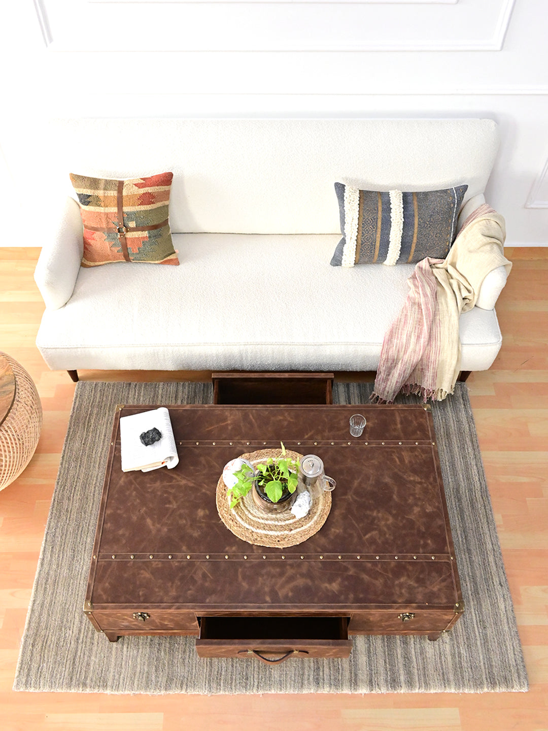 Nawalgarh leather trunk coffee table from overhead with both drawers open, one on each long side