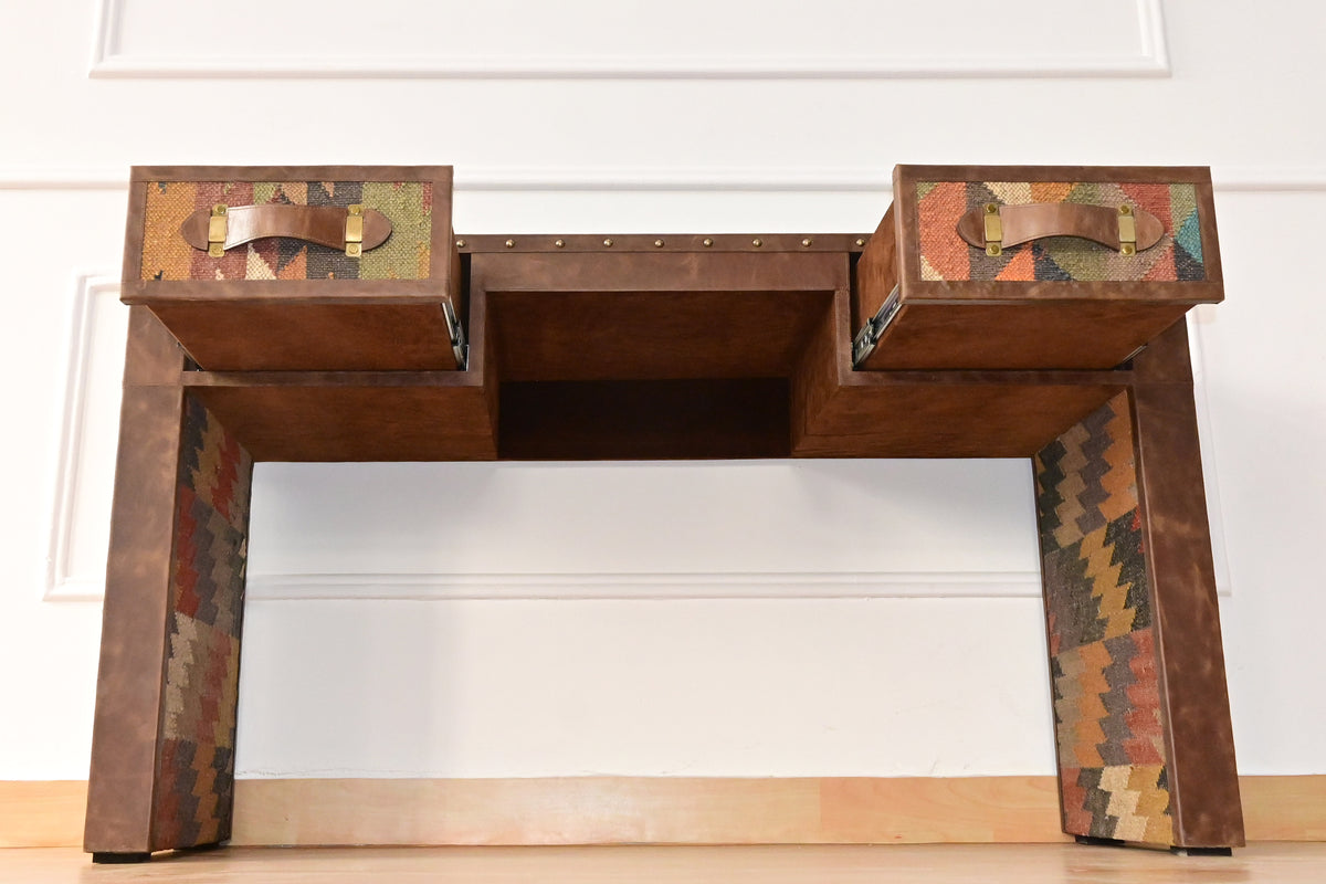 Underside of the Dungarpur desk with both drawers open, finished in suede