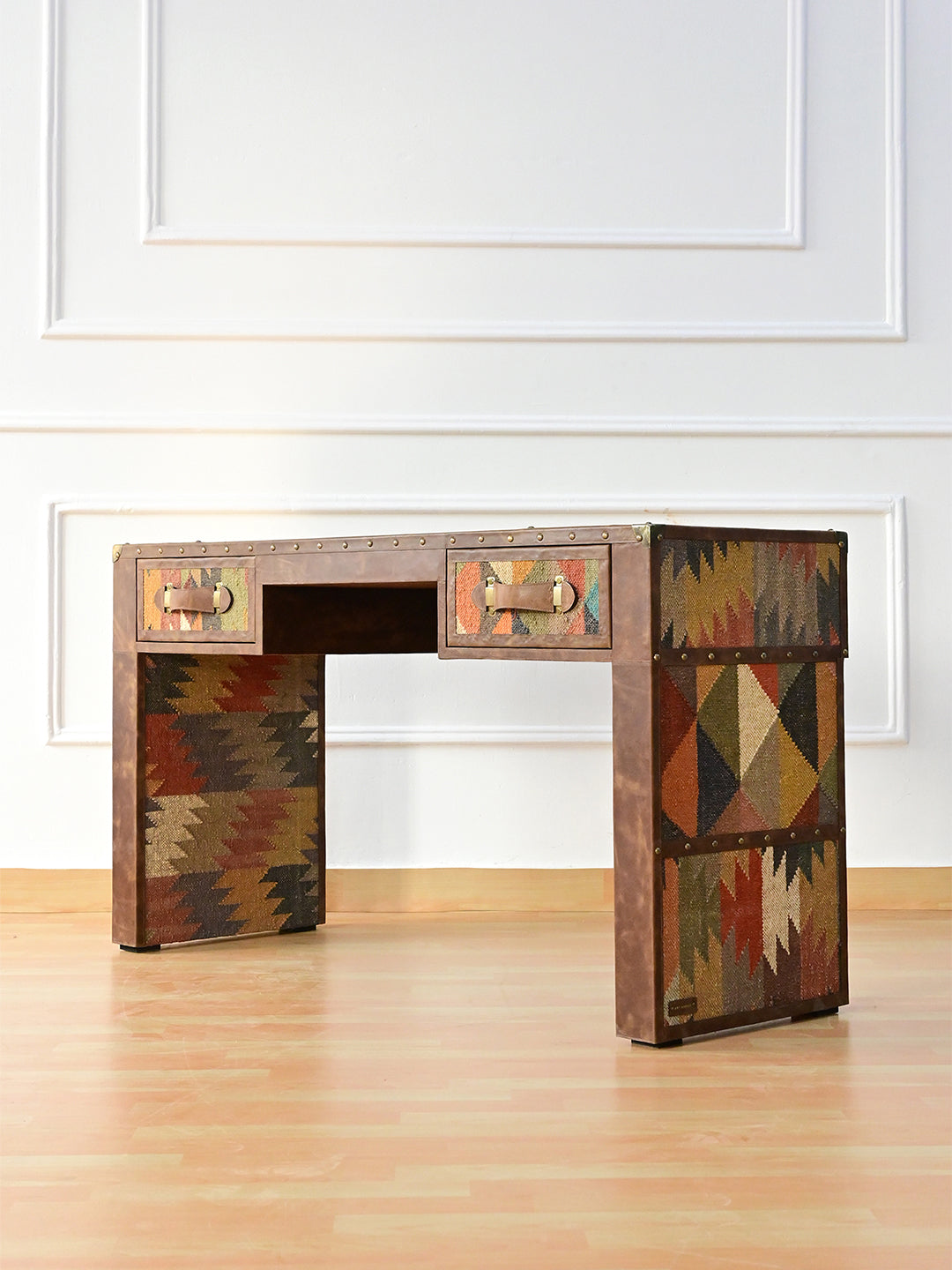 Dungarpur desk from the other side, showing the studded kilim leg panels and full-height inner kilim
