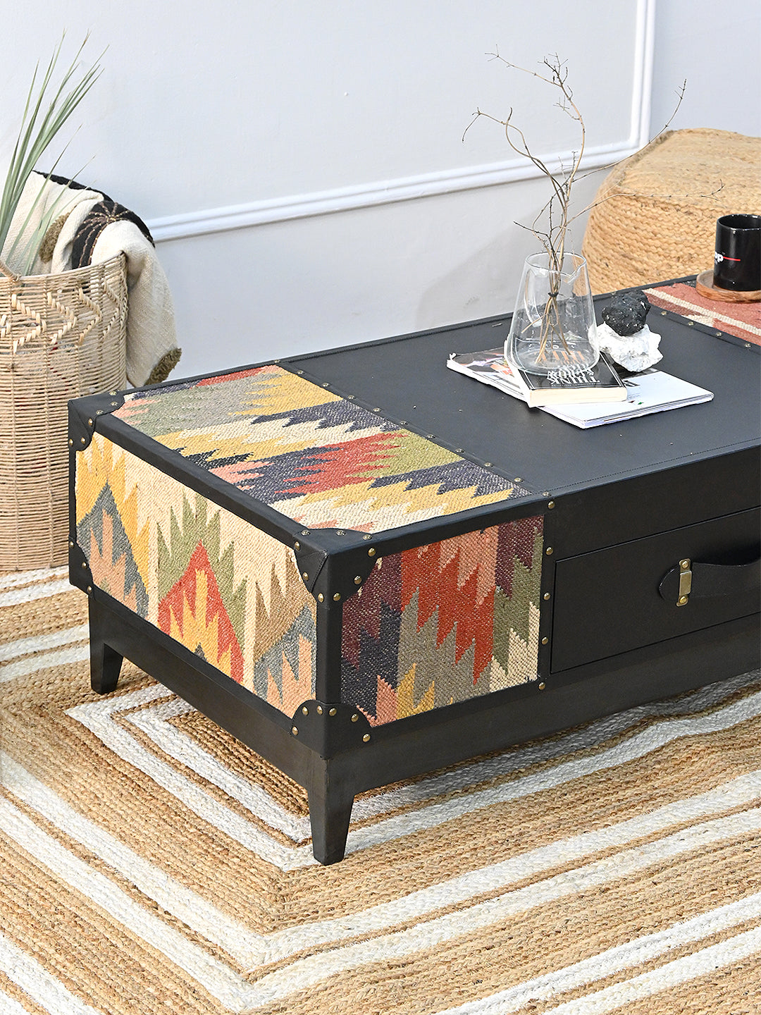 Kumbhalgarh coffee table end with kilim top and flank panels, black leather binding and brass studs